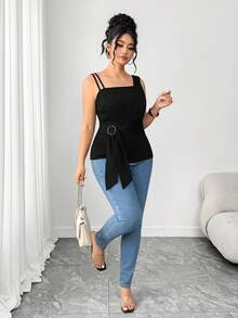 Elenzga Plus Size Women Elastic Knit Fashion Elegant Camisole With Top, Metal Buckle, Asymmetric Design, Suitable For Commuting, Shopping, Party, Daily Wear, All Seasons - Black - View 6