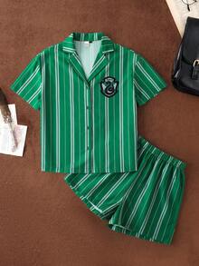 HARRY POTTER X SHEIN Striped Badge Patterned Top And Shorts Lounge Set, - Green - View 1
