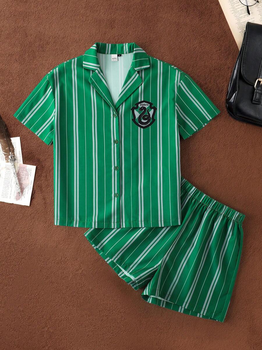 HARRY POTTER X SHEIN Striped Badge Patterned Top And Shorts Lounge Set, - Green - View 1