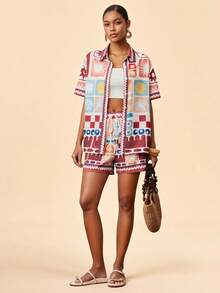 Travachic Tropical Print Button Front Short Sleeve Shirt & Shorts 2 Pieces Set,Beige Summer Boho Vacation Holiday,Spring Break Outfits,Beach Wedding Guest Dress - Multicolor - View 6
