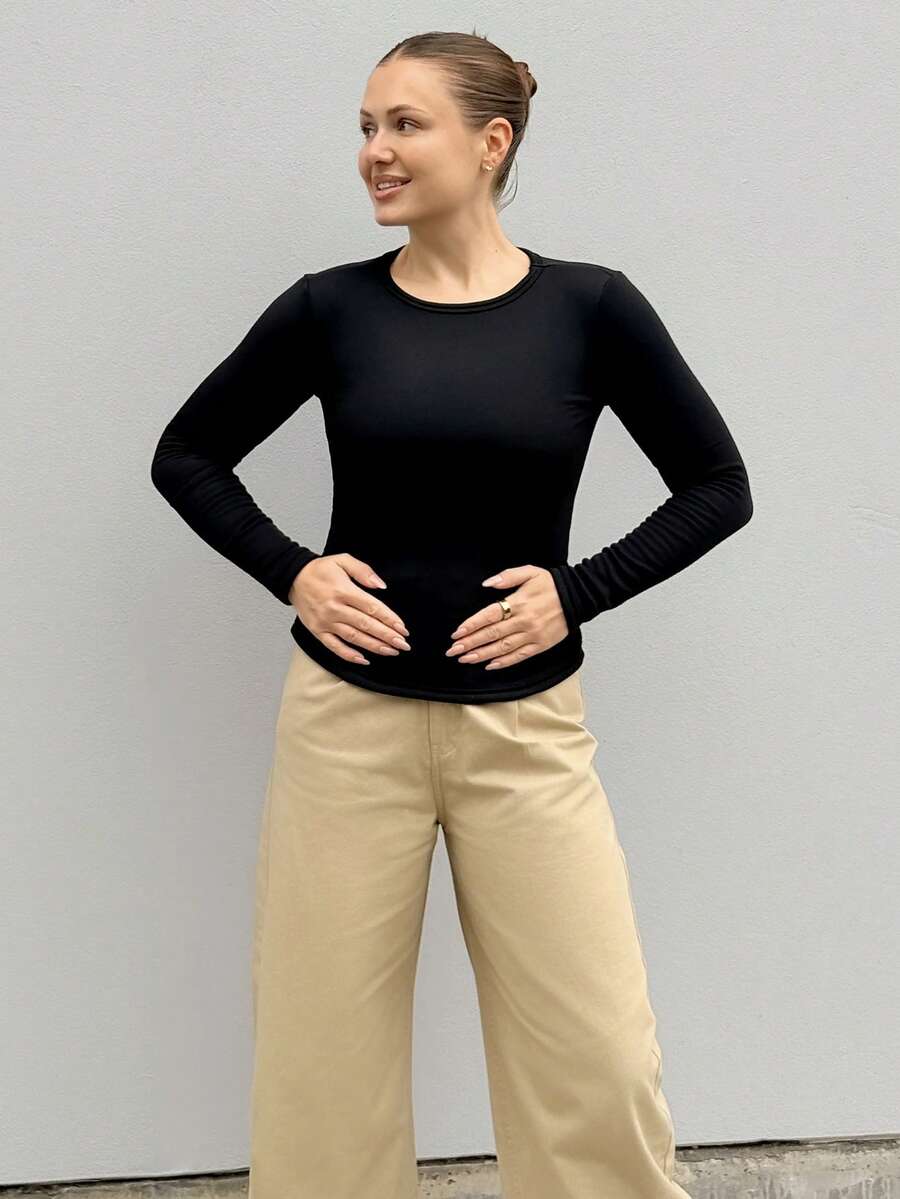 Kuleshova 纯色圆领修身保暖长袖女式上衣，带保暖内衬 - 黑色 - 查看 1