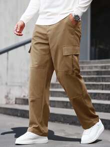 Manfinity Homme Men's Khaki Solid Color Cargo Pocket Straight Leg Casual Pants,Streetwear Autumn Work Cargo Sweatpants For Men - Ginger - View 1