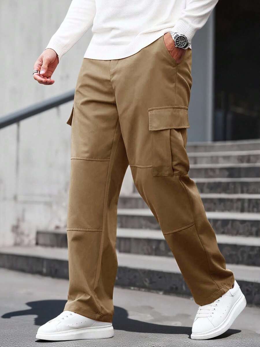 Manfinity Homme Men's Khaki Solid Color Cargo Pocket Straight Leg Casual Pants,Streetwear Autumn Work Cargo Sweatpants For Men - Ginger - View 1