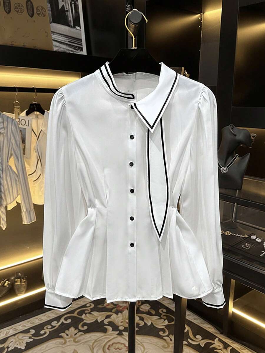 Qadelle Blusa elegante para o dia a dia com gola e punhos contrastantes e mangas bufantes. - Branco - Ver 1