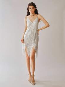 Uhlyne Petite Women's Spaghetti Strap Sequin V-Neck Tassel Hem Dress - White - View 4