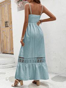 Breezaya Rochie maxi pentru femei, cu imprimeu de dantelă, model patchwork, cu bretele spaghete, model floral, ținută de plajă și vacanță - Albastru - Vizualizare 2