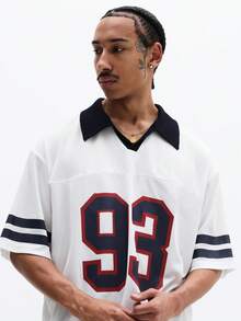 SUMWON Oversized Fit Numbered Polo Shirt With Navy Collar And Sleeve Stripes For Casual Wear - White - View 5