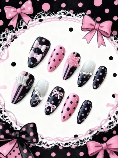 Anime 10 piezas de almohadillas de uñas falsas hechas a mano de alta calidad con estilo lindo de rayas, lunares y elementos estrellados + 3 piezas de cinta adhesiva de doble cara, arte de uñas con lazos en contraste rosa y negro de estilo Y2K, uñas postizas de almendra removibles de mediana y larga duración, almohadillas de uñas falsas brillantes y reutilizables de alta calidad aptas para fiestas, bailes y uso diario.