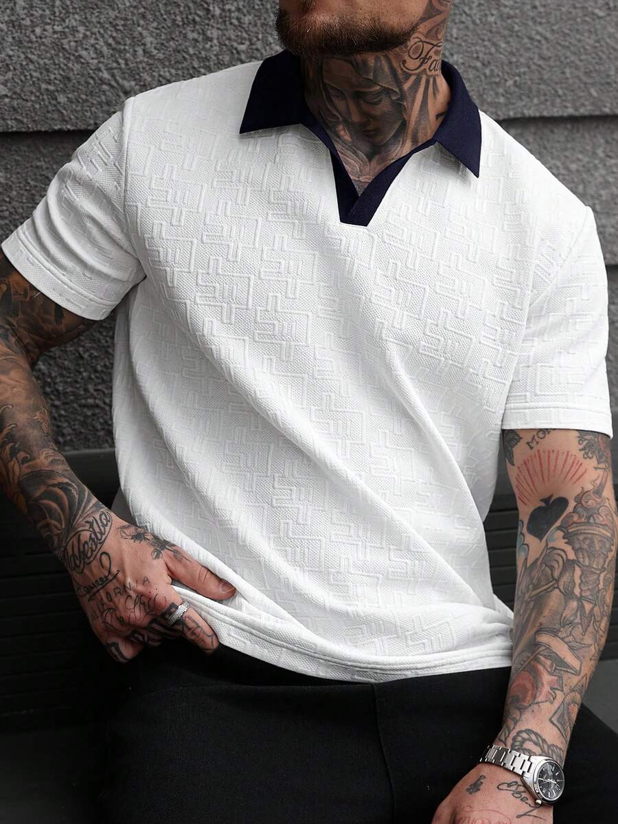 Manfinity CasualCool 男士對比領短袖紋理 Polo 衫,白色夏季休閒城市度假 V 領針織正身長度拼色通勤毛衣襯衫,正式款 - 白色 - 查看 1
