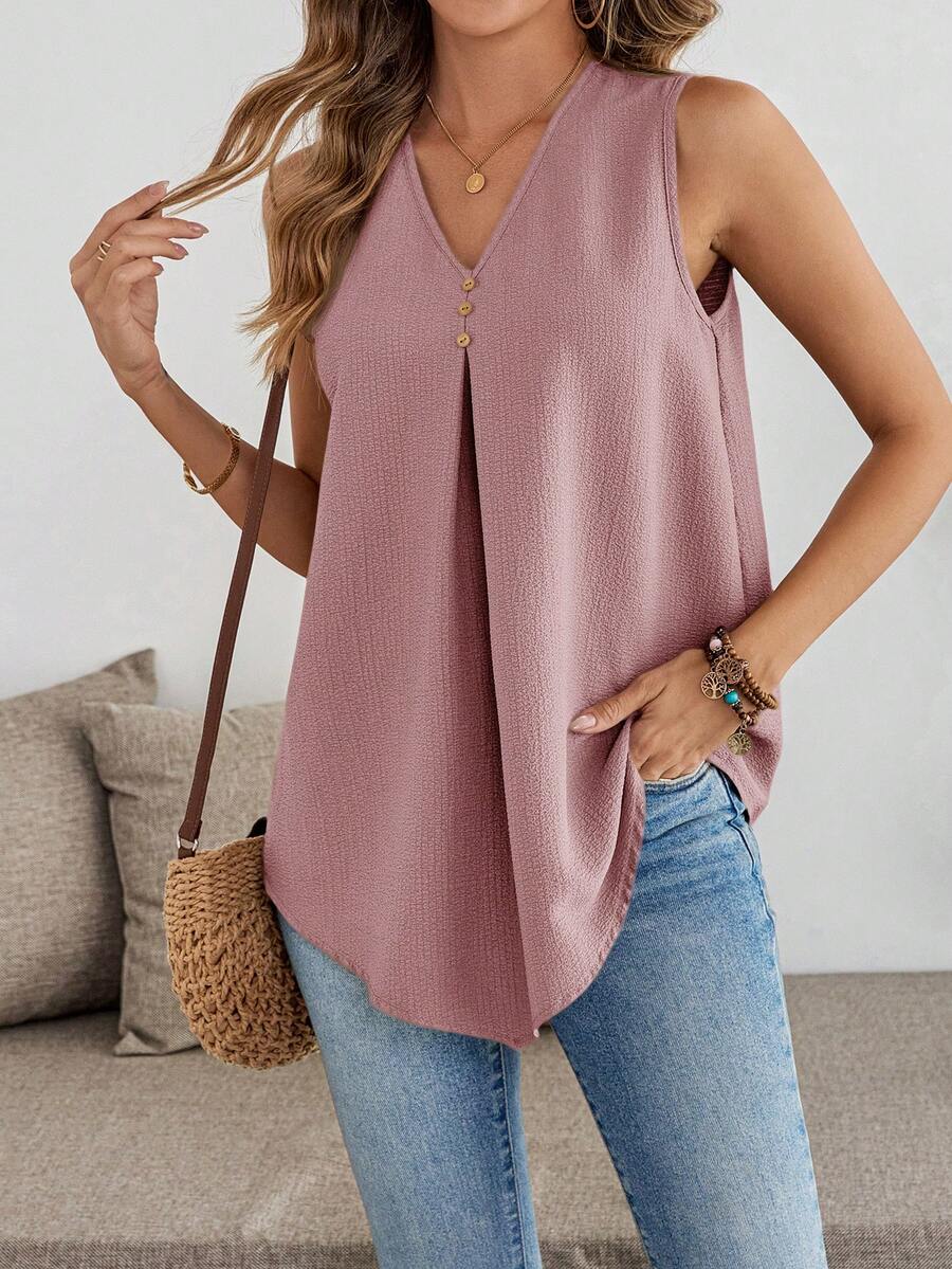 EMERY ROSE 女士夏季度假休闲纯色V领吊带衫 - 藕粉色 - 查看 1