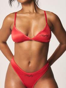 Missguided x Playboy Triangle Bralette And Thong Lingerie Set With Adjustable Straps Intimate Underwear Collection For Valentine's Day - Red - View 4
