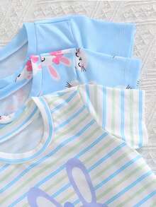 SHEIN Vintaside Kids 6件套女婴新生儿幼儿0-3岁春夏新款可爱兔子纯色条纹T恤短裤套装 - 藍色 - 查看 5