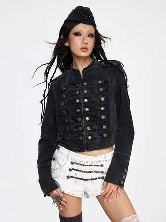 Grunge Punk Vintage Distressed Denim Jacket With Nautical Punk Metal Buckle Closure