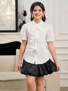 1pc Girls Elegant Polyester Blouse, Simple And Generous, Suitable For School, Commuting And Other Scenarios In Spring And Autumn - White - View 6