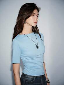 Lumivelle Women's Casual Blue Ruched Waist Short Sleeve T-Shirt Blue T Shirt Light Blue Tops T Shirt Woman Plain Tshirts Women Women's T-Shirt - Blue - View 5