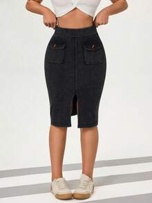 Flexra Women's A-Line Casual Slit Slim Denim Skirt - Dark Grey - View 7