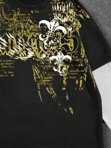 ROMWE MEN Goth 男士休闲时尚街头标语印花撞色长袖二合一T恤，春秋季 - 黑色 - 查看 4