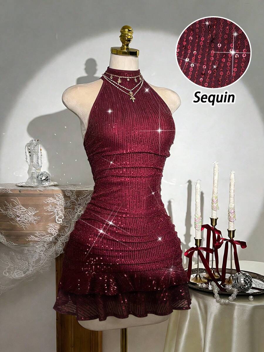 Franclia Burgundy Sequins Halter Stretch Sexy Sleeveless Slim Women Bodycon Dress/Date/Party/Nightclub/Street /Halloween/Valentine's Day/Elegant Dress/Christmas Dress/Birthday Dress/Nightclub/Party Dress /New Year Holiday/Spring/Summer/Autumn/Winter New Short Dress - Burgundy - View 1