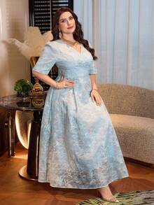 Modelyn Plus Size Women Elegant Embroidered Cinched Waist Dress - Blue - View 6