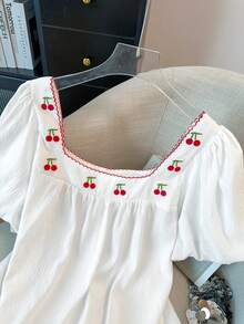 GlowEve CURVE Plus Size Women's French Square Collar Cherry Embroidery Ruffle Trim Contrast Color Lantern Sleeve Blouse, Suitable For Spring/Summer - White - View 4
