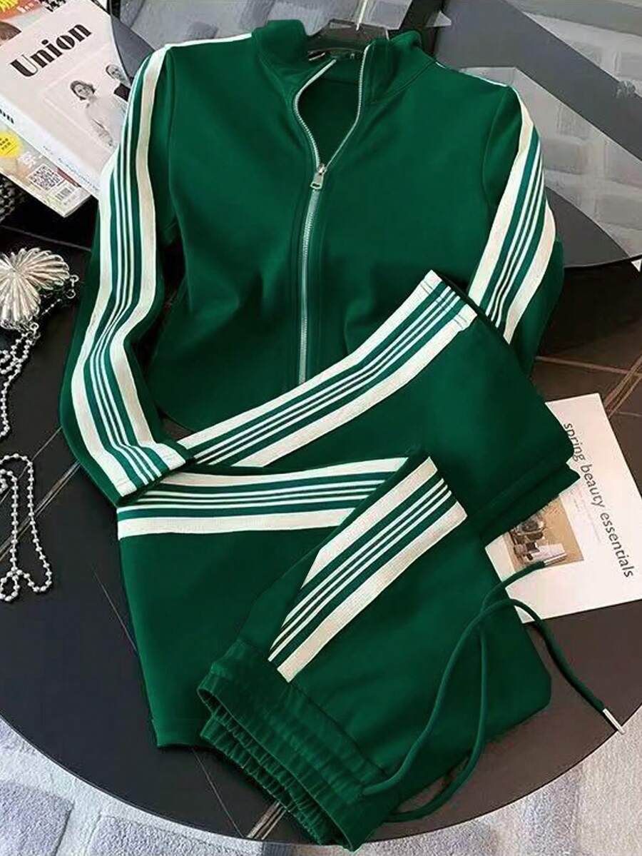 Franclia 女式条纹长袖拉链连帽衫和裤子休闲两件套 - 綠色 - 查看 1