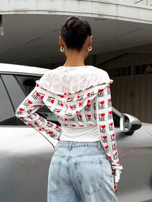 Muchica 女士字母爱心印花抽绳连帽拉链休闲百搭长袖卫衣，适合情人节、约会、外出等场合。 - 白色 - 查看 2