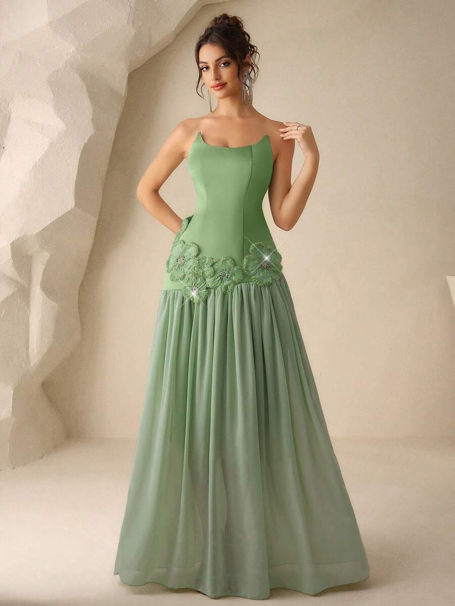 Coutiva Women's Elegant Embellished Mesh Overlay Formal Evening Gown (Heavily Embellished) - Green - View 1