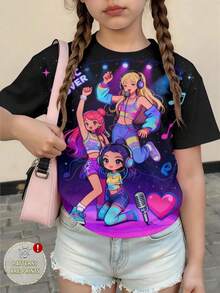 4-7 Years Old Girls Cartoon Short Sleeve T-Shirt | Printed Design, Colorful Girl Pattern Print, Suitable For Casual Streetwear Style, Ideal Children's Gift, Suitable For Outdoor Use, Knitted Fabric - Multicolor - View 1