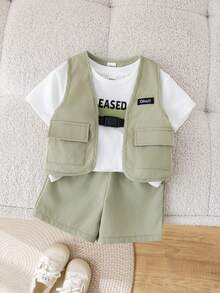 SHEIN 男婴可爱夏季街头休闲绿色背心外套三件套，白色字母图案T恤，短裤三件套 - 彩色 - 查看 3