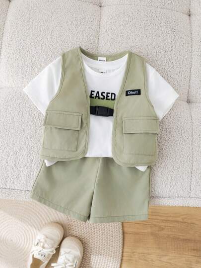 SHEIN 男婴可爱夏季街头休闲绿色背心外套三件套，白色字母图案T恤，短裤三件套