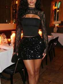 SHEIN MOD Áo thun nữ tay loe phối ren đen, kiểu vintage, áo dự tiệc, áo retro, phong cách đồng quê, boho, áo dự tiệc thanh lịch, mùa xuân, ngày Valentine, áo kiểu nữ thanh lịch, lãng mạn, ren, gothic, trang phục lễ hội. - màu đen - Xem 5