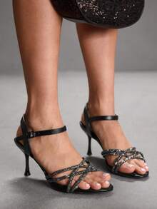 CUCCOO SZL Women's Fashion High Heel Sandals, Fashionable Rhinestone Embellished High Heel Sandals - Black - View 1