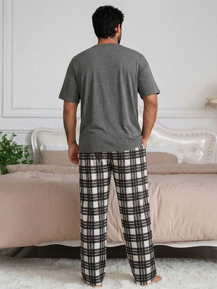 Men's Short Sleeve T-Shirt And Plaid Pants Pajama Set, Spring/Summer