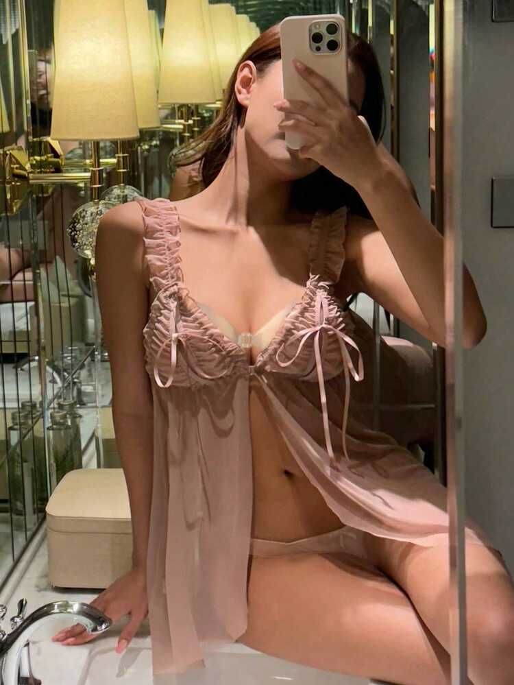 2pcs See-Through Mesh G-String Sleepwear Set With Bowknot Decoration And Lace Trimmed Open Front Sleep Dress For Going Out Lingerie For Women