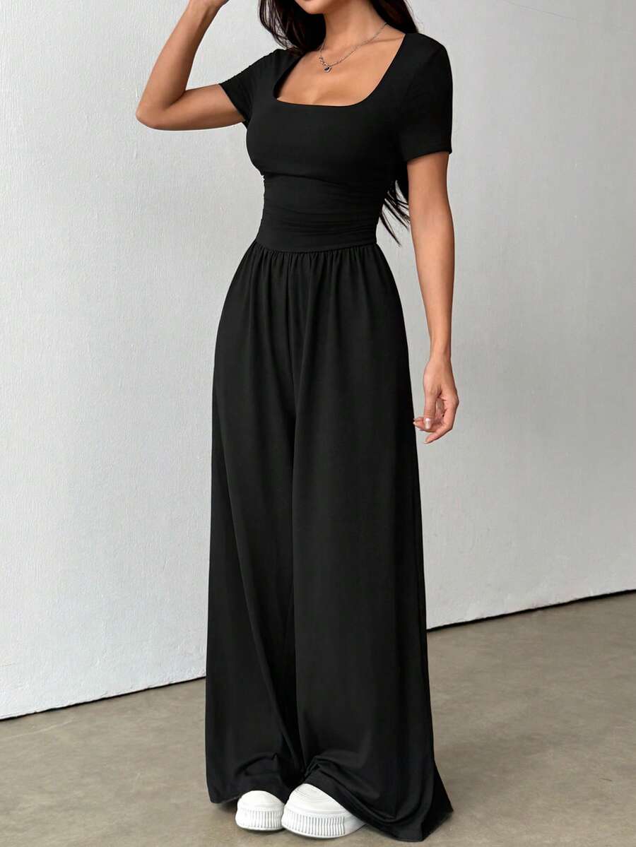 Flirla 女士方领性感休闲简约阔腿短袖连体裤，春夏款 - 黑色 - 查看 1