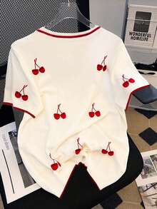 SHEIN Women's Cherry Blossom Print Round Neck T-Shirt, Fashionable For Summer - White - View 2