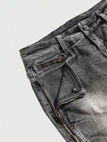 ROMWE Grunge Punk Y2K 坏女孩骷髅刺绣铆钉装饰超低腰女士牛仔迷你裙 - 灰色 - 查看 3