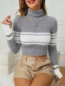 INAWLY Women's Striped Turtleneck Long Sleeve Fitted Sweater, Versatile For Autumn/Winter - Light Grey - View 1