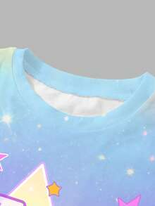 1 Set Tween Girls Casual Fashionable Cute Cartoon K-POP Gradient Colorful Print T-Shirt And Shorts Set, Summer Outfit - Multicolor - View 4