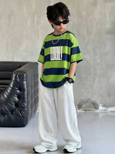 SHEIN 2pcs Kids/Tween Boys' Casual Striped Print Graphic Crew Neck Short Sleeve T-Shirt And Solid Woven Shorts Set, Suitable For School, Garden, Beach, Birthday, Spring/Summer/Fall/Winter