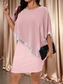 Cravure Capa con cuello redondo de talla grande con parches de gasa con lentejuelas y cuentas, cinta elegante, 2 en 1 vestido de fiesta de tela jacquard texturizada - Rosa Pálido - Ver 7