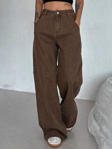 Dazy Tall Jeans casuales de pierna recta y holgados, estilo callejero para mujer - Marrón - Ver 2