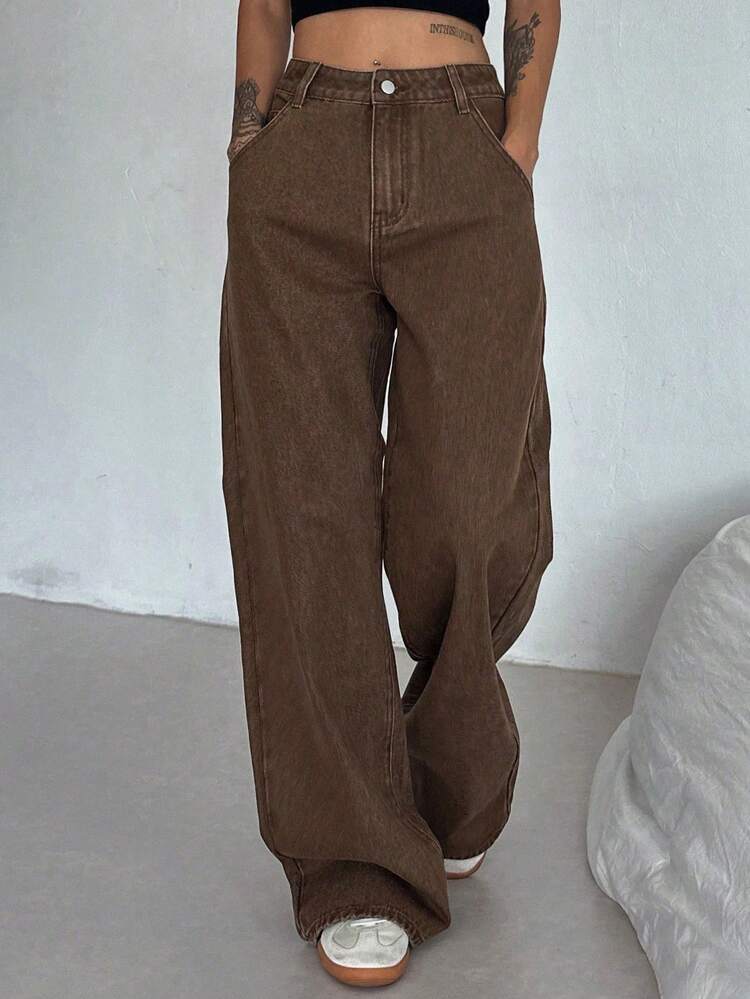 Women's Casual Washed Denim Loose Pants, Korean Style