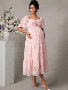 Momance Women's Romantic Elegant Cutout Ruffle Lantern Sleeve A-Line Maternity Dress, Suitable For Beach Vacation, Spring/Summer - Baby Pink - View 5