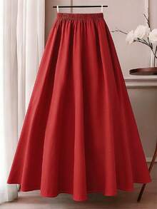 GlowEve CURVE 大码女式针织中国风撞色碎花A字裙 - 紅色 - 查看 2