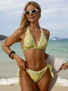 Swim Mod Women's Summer Beach Casual Vacation Ditsy Floral Ruffle Trim Bikini Set - Multicolor - View 4