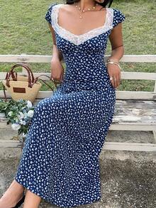 Sunnyshic 藏蓝色碎花白色蕾丝拼接泡泡袖A字长裙，优雅百搭，适合春夏度假、海滩、婚礼等场合，甜美浪漫的波西米亚风，休闲外出和日常穿着皆宜。 - 藏蓝色 - 查看 2