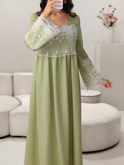 Yasmyna Elegant Avocado Green Women's Dress With Lace Trim, Flared Hem And Long Sleeves