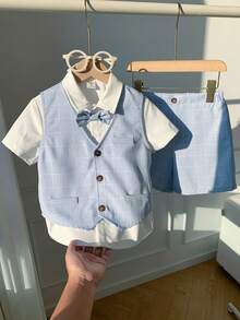 SHEIN 3pcs Young Boys Light Blue Plaid Vest,Shorts,Shirt With Bow Tie Set,Traditional Wedding Guest Outfit For Birthday Party,Christening & Formal Occasion - Blue - View 5