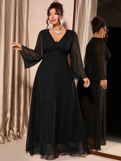 SHEIN CURVE+ Plusstorlek Dam Elegant Enfärgad V-ringad Långärmad Klänning